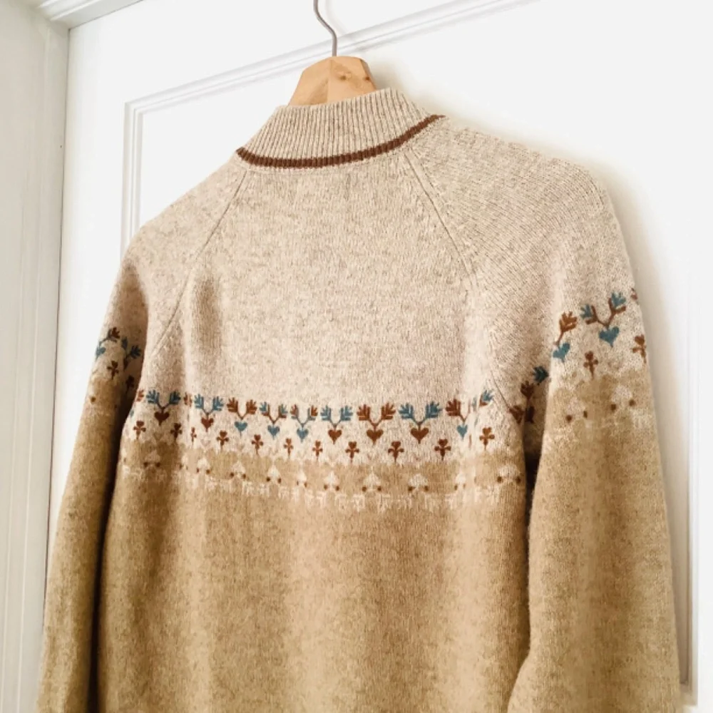 𝅺Woolrich Women’s Lamb’s Wool 1/4 zip Sweater M Raglan Skiing Fair Isle Camel - Picture 9 of 12